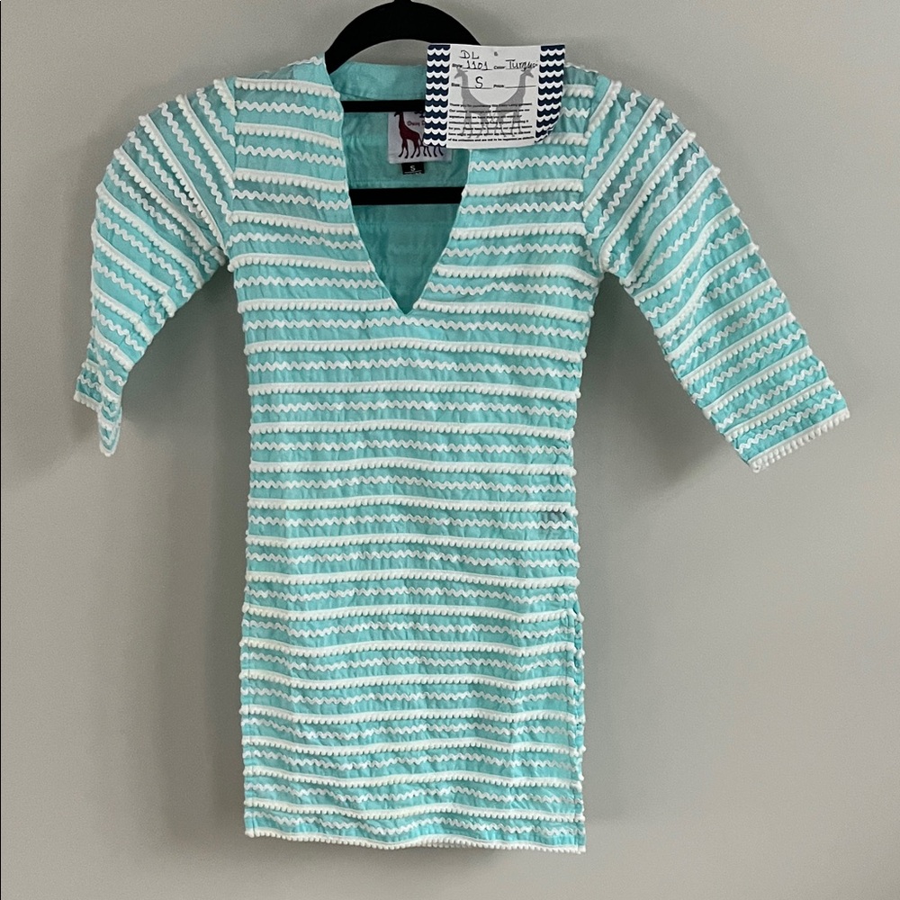 NWT Daisy Laing Resort Wear girls Aqua and White Striped tunic Dress